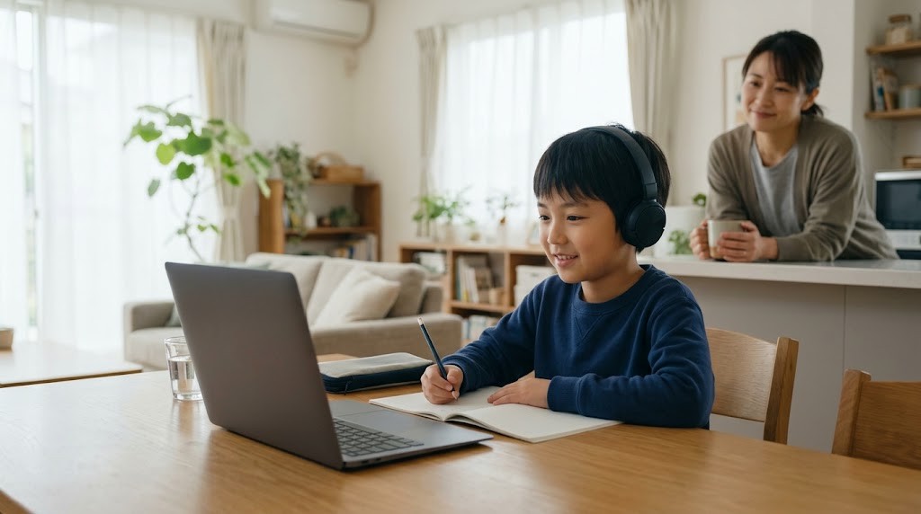 広島市の自宅から、オルタナティブスクールのオンライン授業に参加する小学生と見守る保護者（イメージ）