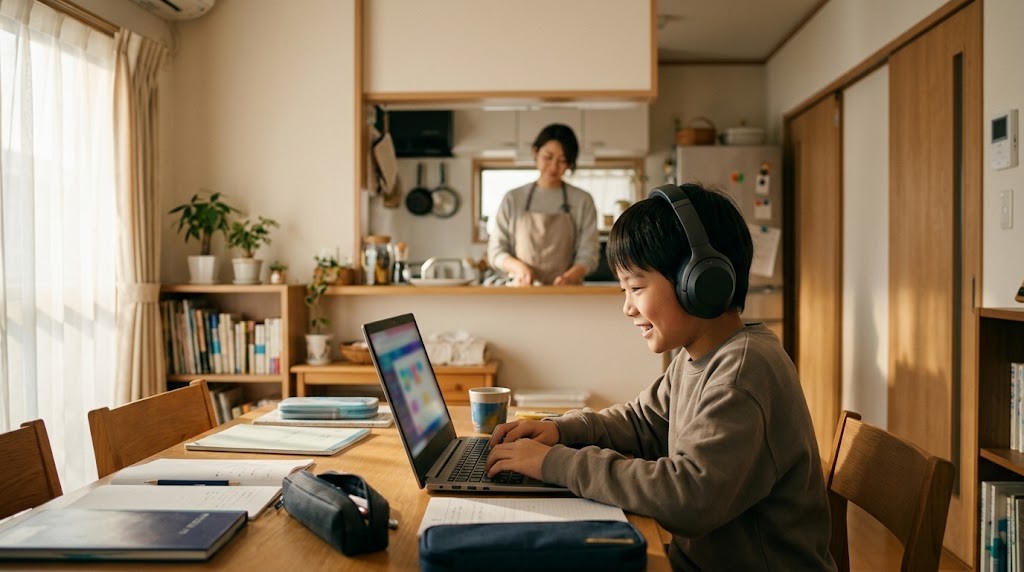 不登校の小学生が自宅からNIJINアカデミーのオンライン授業にチャットで参加している場面（イメージ）