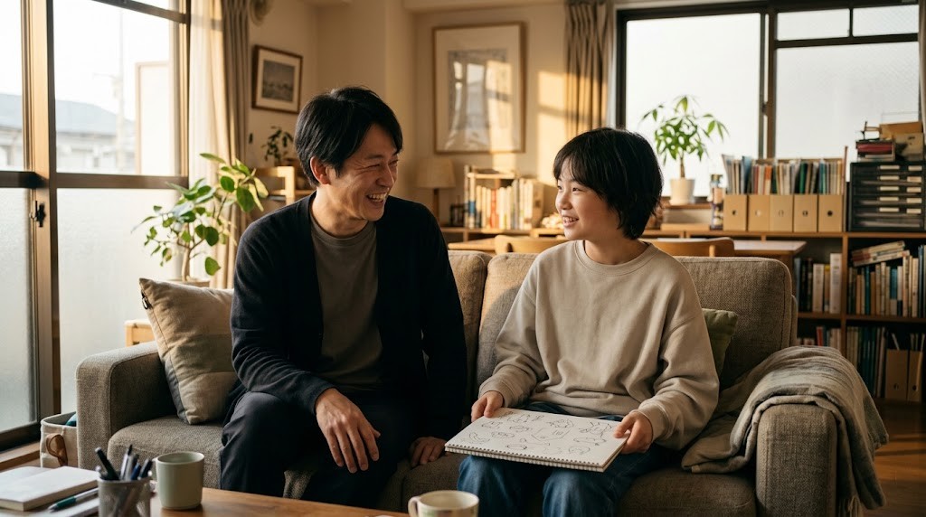 フリースクールに通う中学生と保護者が、自宅で好きな絵の話をしている場面（イメージ）