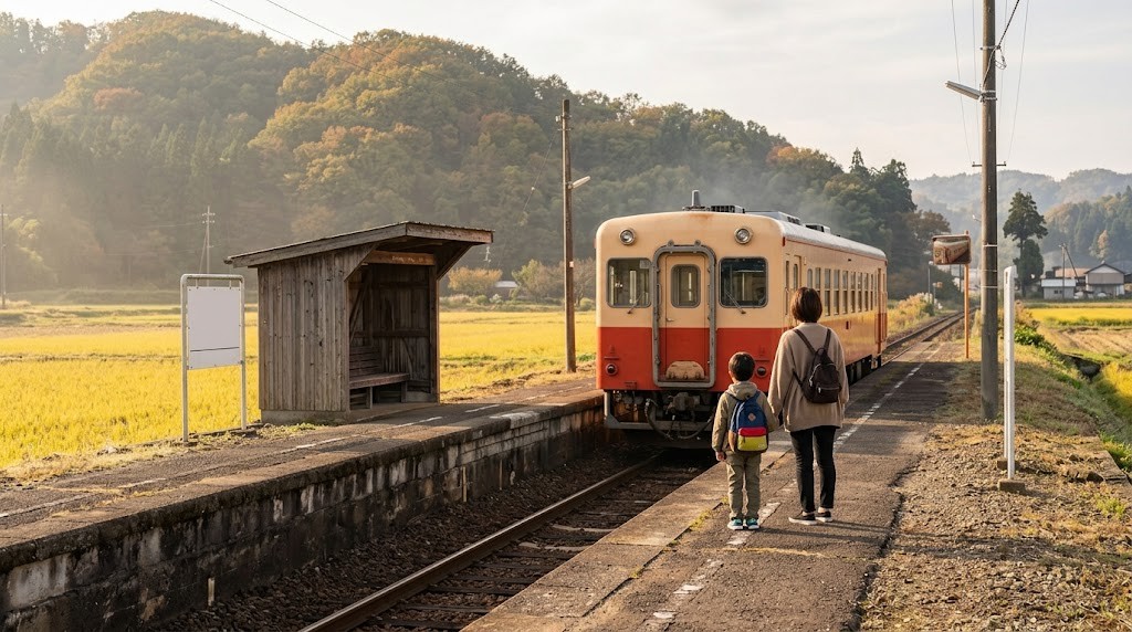 市原市でフリースクールの見学に向かう不登校の小学生と保護者が、里山を走るローカル線のホームに立っている場面（イメージ）