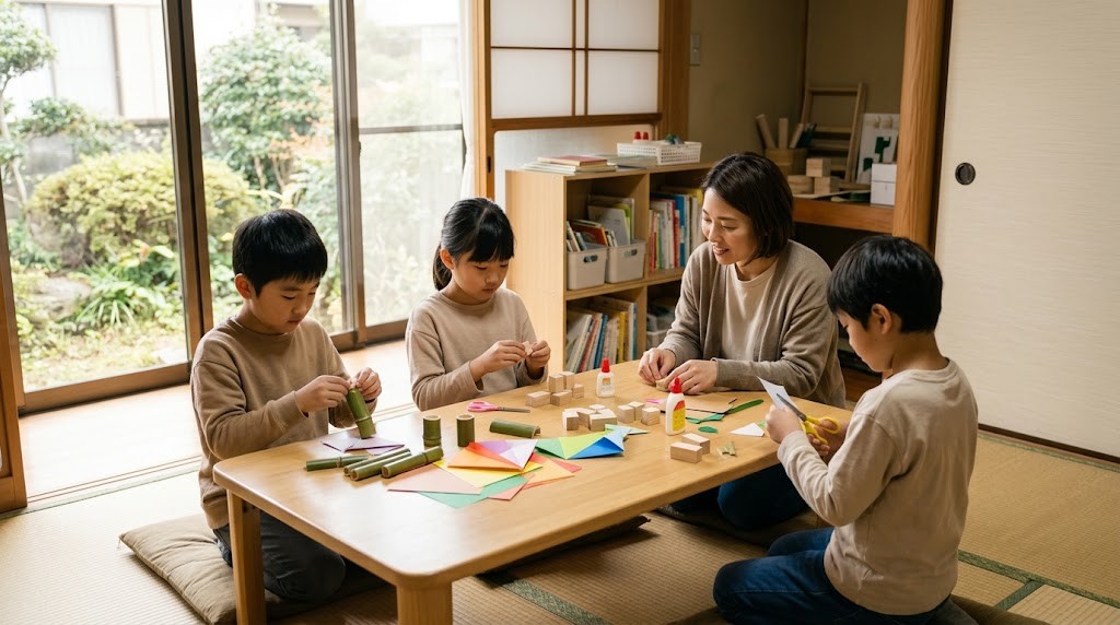市原市のフリースクールや居場所で、不登校の小学生がスタッフと一緒に工作をして過ごしている場面（イメージ）