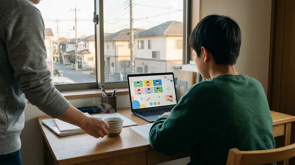 市原市の自宅から、不登校の中学生がオンラインのメタバース校舎の授業に参加している場面（イメージ）