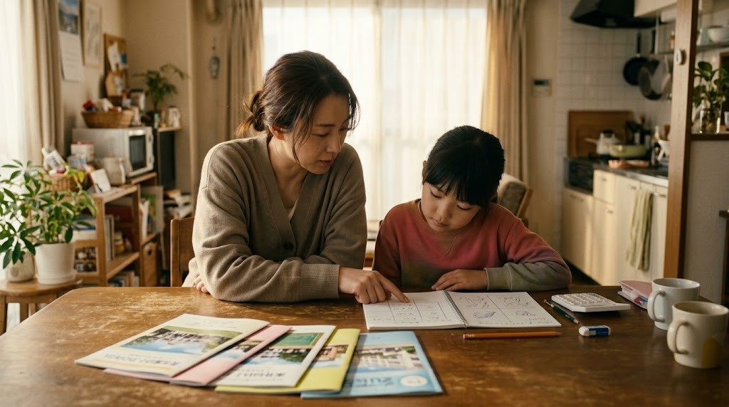 インターナショナルスクールの選び方を考え、資料を並べて学費や認定を比べる小学生と保護者（イメージ）