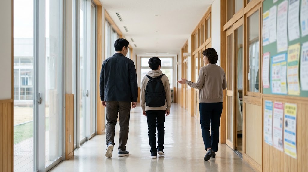 インターナショナルスクールの見学で校内を歩き、案内を受ける中学生と保護者（イメージ）