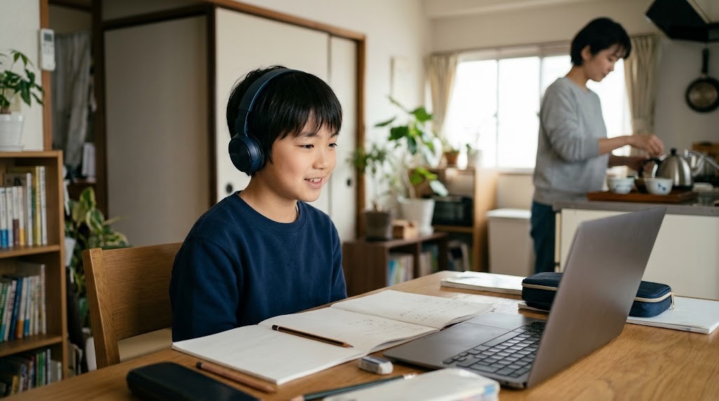 インターナショナルスクール以外の道として、自宅からオンラインの授業に参加する不登校の小学生（イメージ）