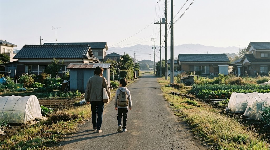 伊勢崎市でフリースクールの見学へ向かう不登校の小学生と保護者が、畑のある道を並んで歩いている場面（イメージ）