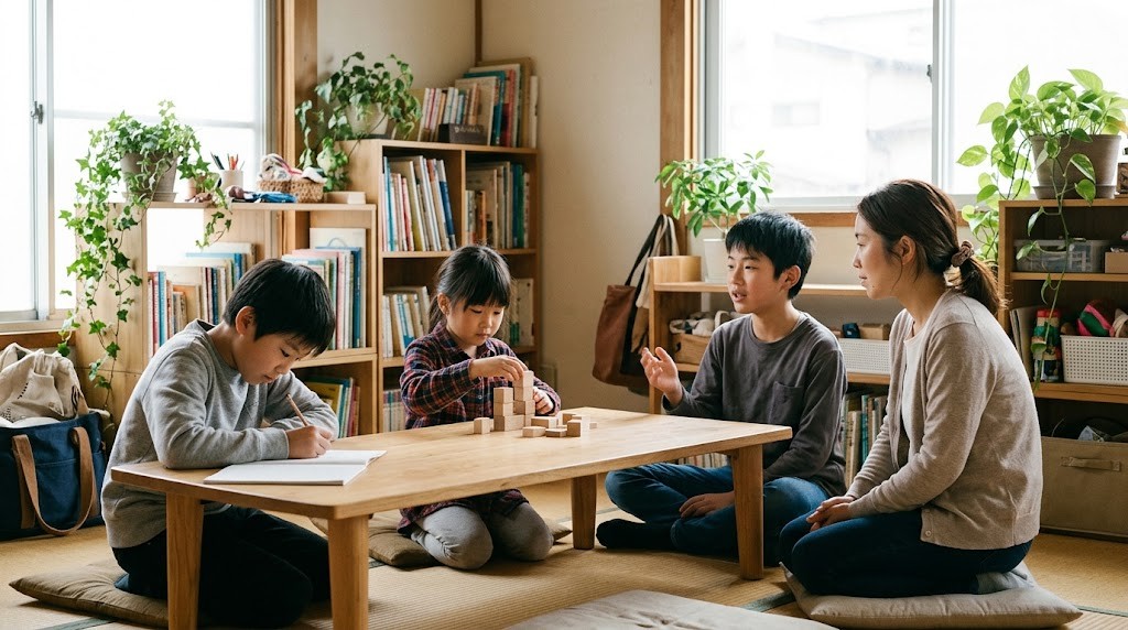 伊勢崎市周辺のフリースクールで、不登校の小中学生がスタッフと机を囲んでそれぞれの学習や活動に取り組んでいる場面（イメージ）