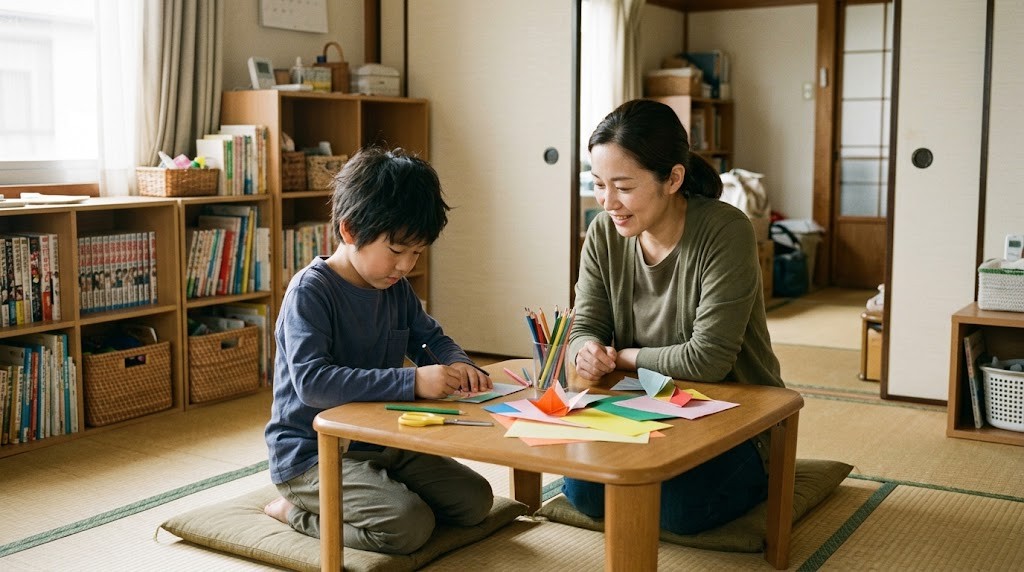 伊丹市のフリースクールで、小学生とスタッフが居間のような部屋で工作をしている場面（イメージ）