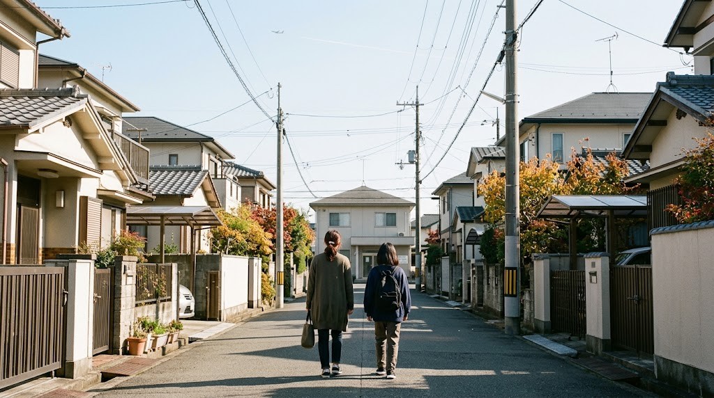 伊丹市の住宅地を歩いてフリースクールの見学に向かう不登校の中学生と保護者の後ろ姿（イメージ）