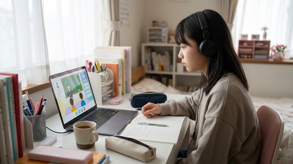 伊丹市の自宅からメタバース校舎のオンライン授業に参加する不登校の中学生（イメージ）