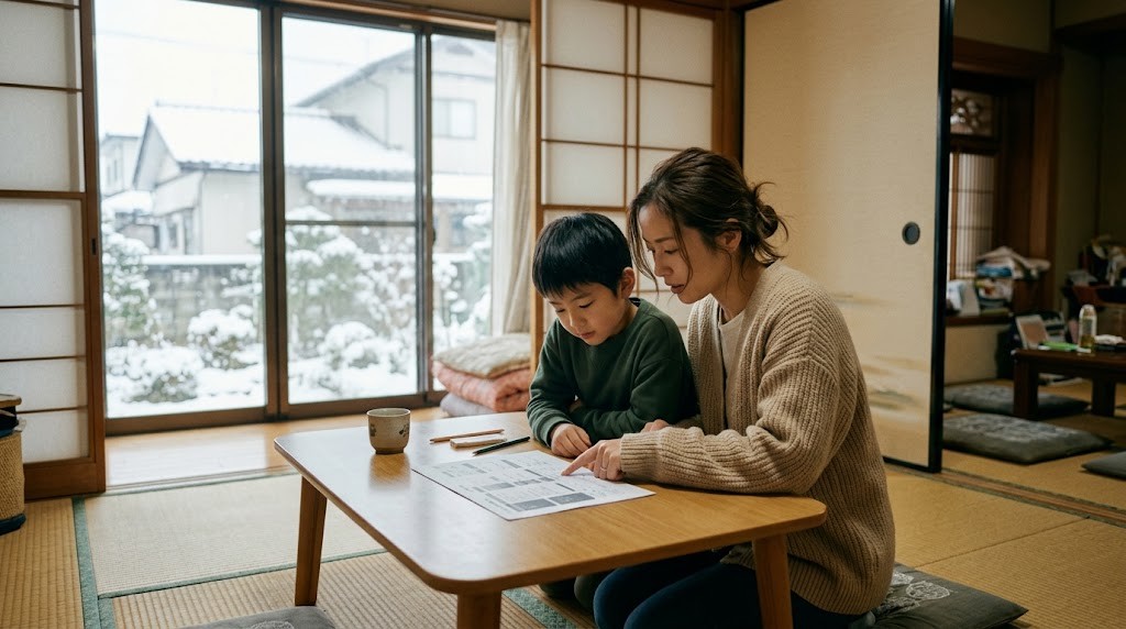 上越市で不登校の子どもと保護者がフリースクールの候補を一緒に見比べている場面（イメージ）