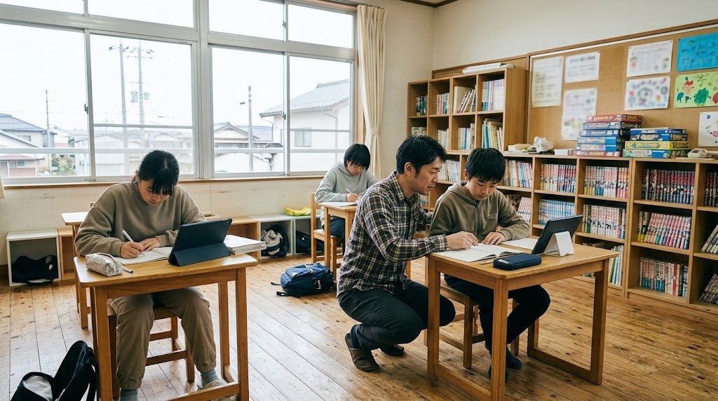 上越市周辺のフリースクールで子どもが自分のペースで学び、スタッフが寄り添っている場面（イメージ）