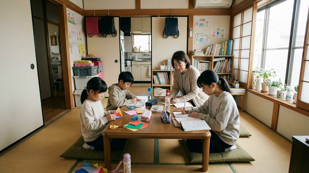 加古川市のフリースクールで小学生と中学生がスタッフと机を囲み学習や工作をしている場面（イメージ）