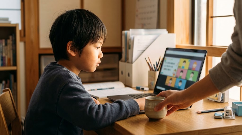 加古川市の自宅から不登校の小学生がオンラインのフリースクールの授業に参加している場面（イメージ）