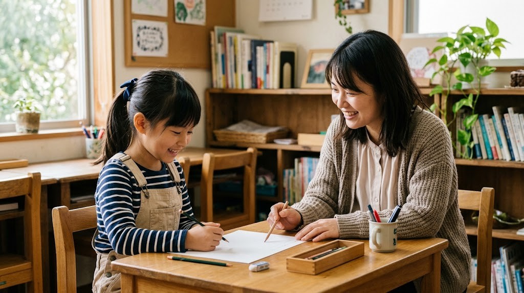 フリースクールでスタッフと一対一で学ぶ不登校の小学生（春日井市の記事・イメージ）