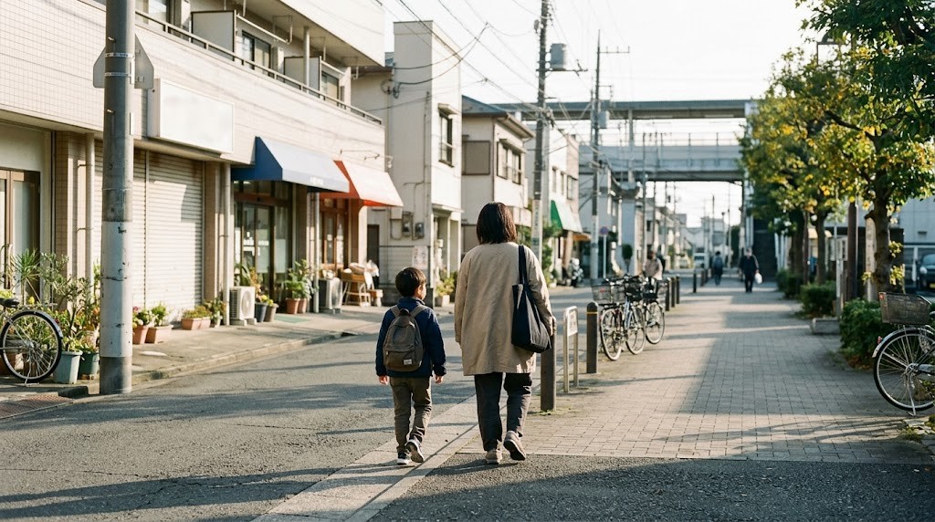 春日部市で不登校の子どもと保護者がフリースクールの見学に向かって駅前の通りを歩いている場面（イメージ）