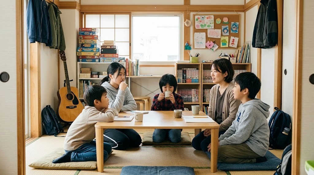 春日部から通えるフリースクールで、異年齢の子どもたちとスタッフが朝のミーティングをしている場面（イメージ）
