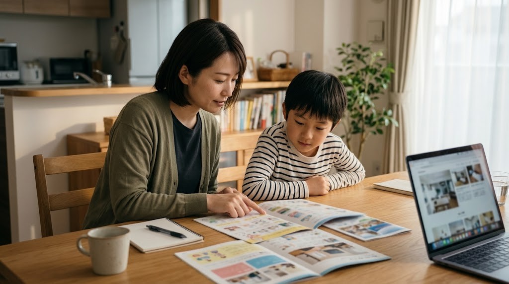 川崎市で私立小学校の資料を親子で見比べ、学費や転入・編入について話し合っている場面（イメージ）