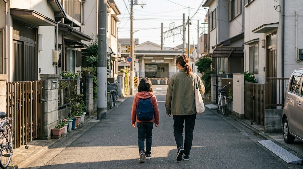 川崎市の住宅街を駅に向かって歩く親子。私立小学校への通学の道のりを確かめている場面（イメージ）