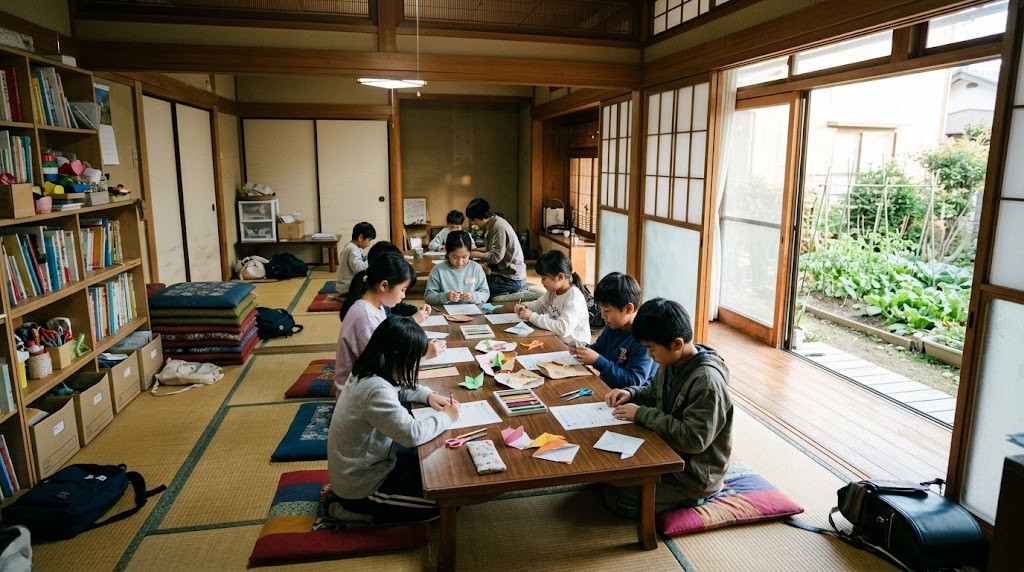 岸和田市のフリースクールで、不登校の小中学生が一軒家の居場所で学習や工作に取り組む場面（イメージ）