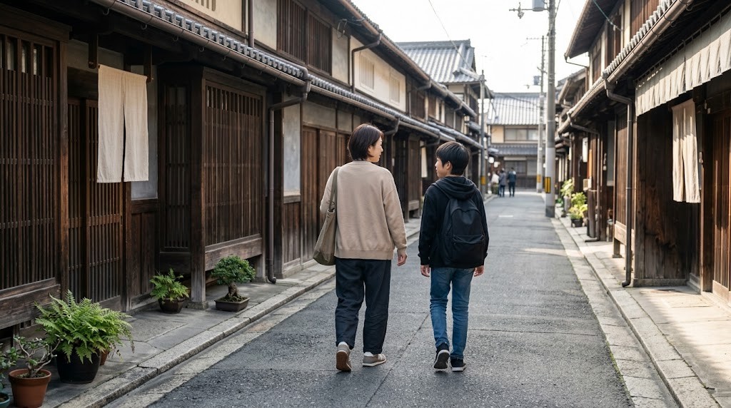 岸和田市でフリースクールの見学に向かう、不登校の中学生と保護者が古い町並みを歩く場面（イメージ）