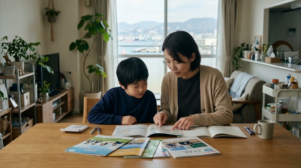 神戸市でインターナショナルスクールの学費と資料を見比べる親子（イメージ）