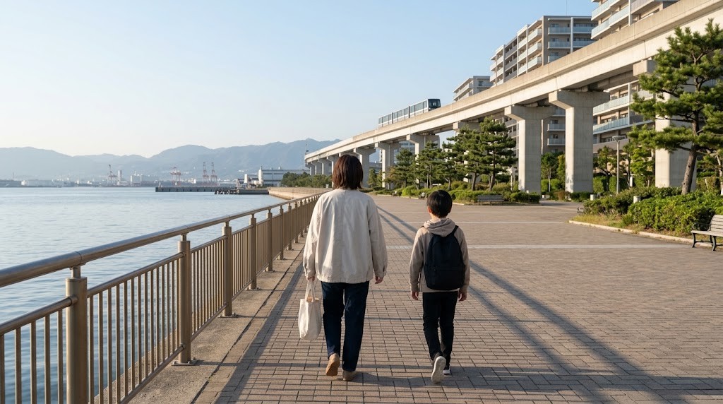 神戸市の六甲アイランド周辺をインターナショナルスクールの見学に向かって歩く親子（イメージ）