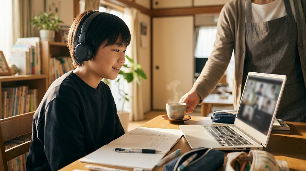 神戸市の自宅からオルタナティブスクールのオンライン授業に参加する不登校の中学生（イメージ）