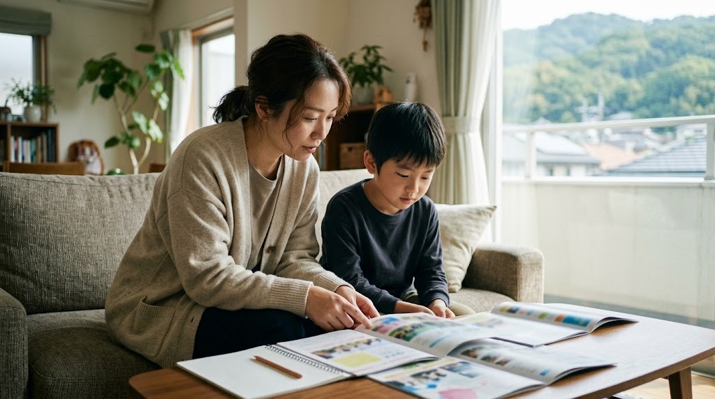 神戸市で私立小学校の学費や転入編入を調べる親子が、自宅で資料を見比べている場面（イメージ）