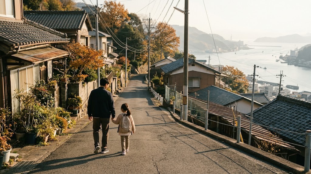 神戸市の私立小学校への通学経路を確かめるため、坂道を歩く親子の後ろ姿（イメージ）