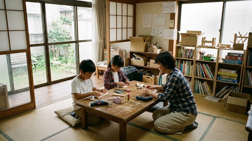 小平市のフリースクールで、不登校の小学生がスタッフと一緒に木工のものづくりをしている場面（イメージ）