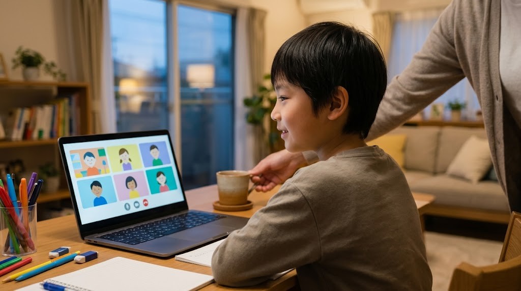 小平市の自宅から、不登校の小学生がオンラインのメタバース校舎の授業に参加している場面（イメージ）