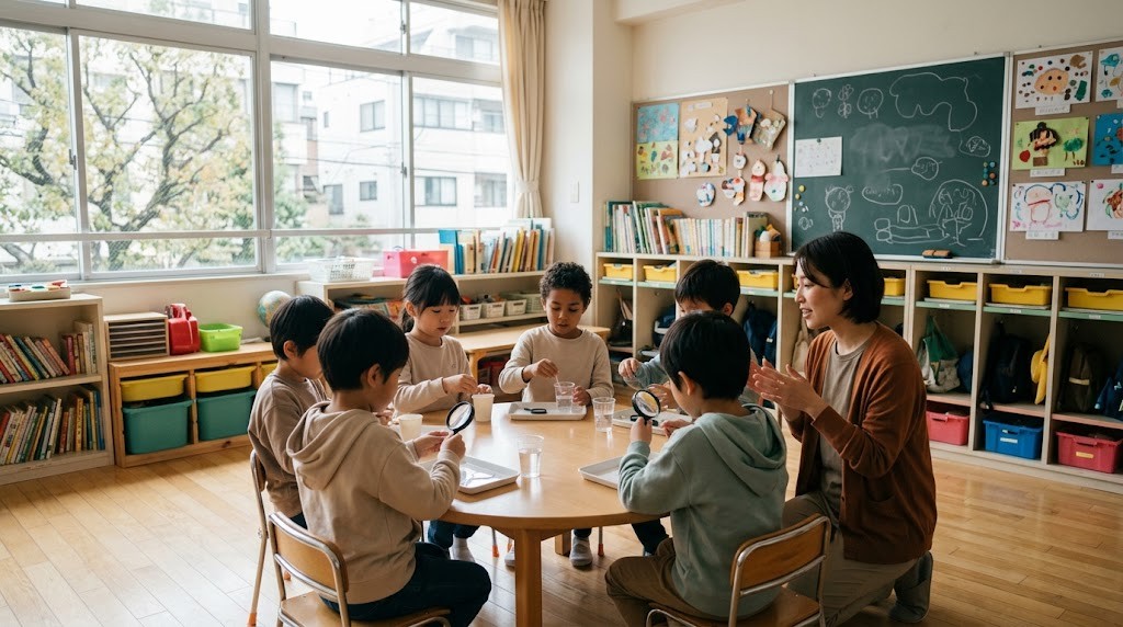 江東区のインターナショナルスクールを検討する家庭向けに、少人数の教室で子どもたちが先生と実験に取り組む場面（イメージ）