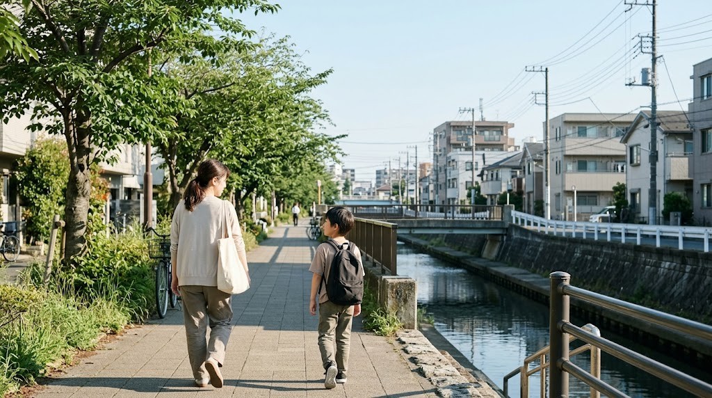江東区の水辺の遊歩道を、インターナショナルスクールの見学に向かう親子が並んで歩いている場面（イメージ）