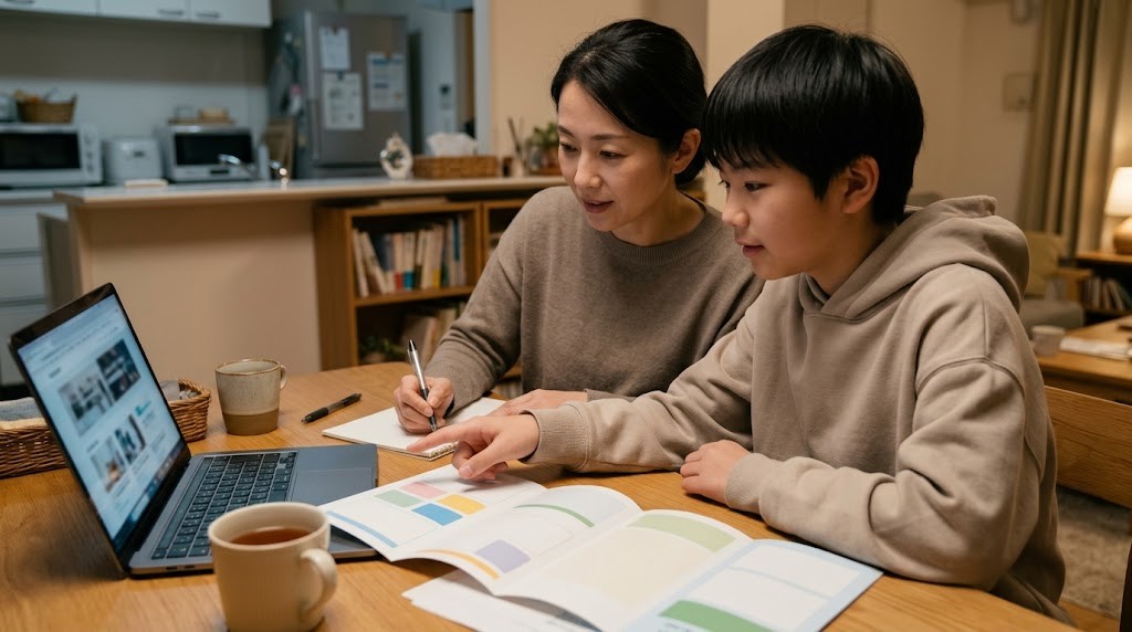 江東区でインターナショナルスクールやフリースクールの学費と通い方を、親子が自宅のテーブルで見比べている場面（イメージ）