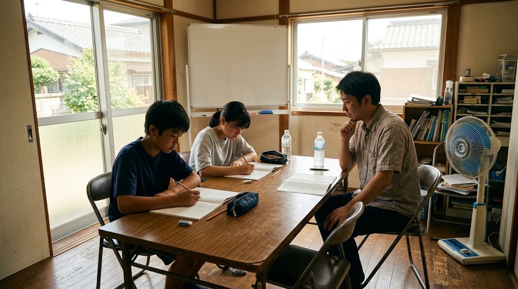 熊谷市のフリースクールで不登校の中学生がスタッフと一緒に机で学習している場面（イメージ）