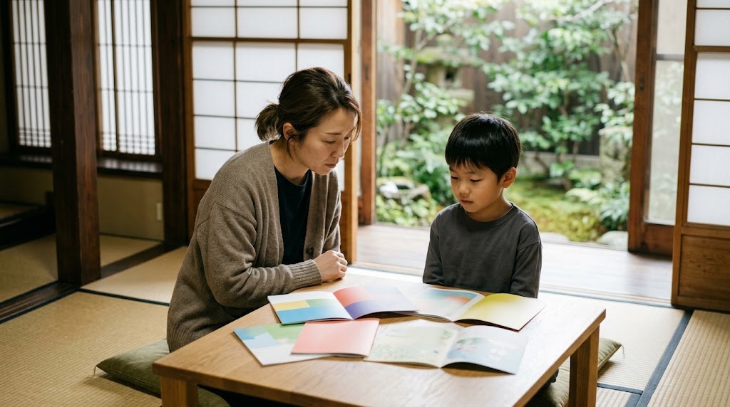 京都市でインターナショナルスクールを検討し、学校案内を親子で見比べている場面（イメージ）