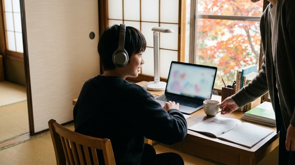 京都市の自宅からオルタナティブスクールのオンライン授業に参加する中学生と見守る保護者（イメージ）