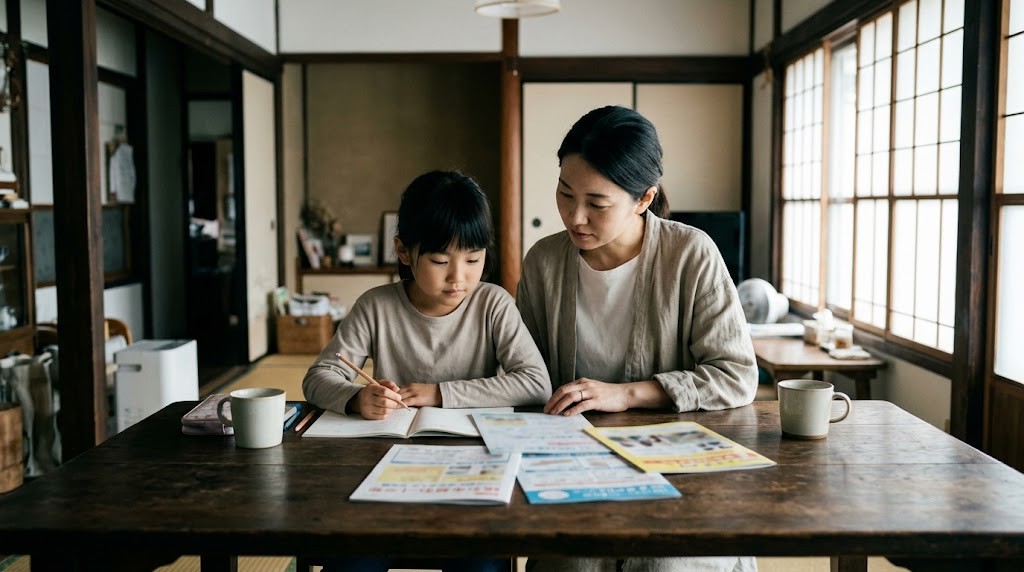 京都市で私立小学校の学費と転入・編入を調べるために、自宅で学校案内を見比べる親子（イメージ）