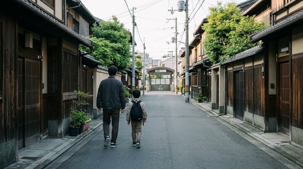 京都市の住宅街を駅へ向かって歩き、私立小学校への通学の道のりを確かめる親子（イメージ）