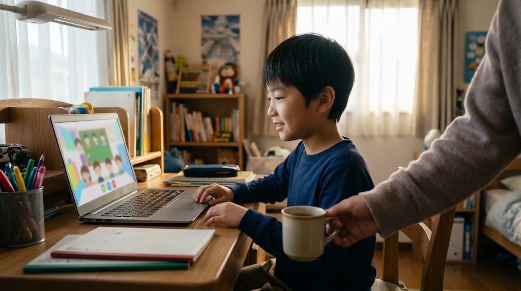 京都市の自宅からオンラインのオルタナティブスクールの授業に参加する小学生（イメージ）