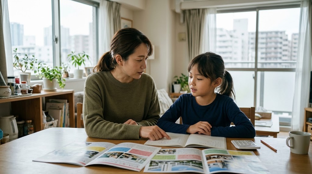 港区のインターナショナルスクールの学費を、資料を広げて親子で計算している場面（イメージ）