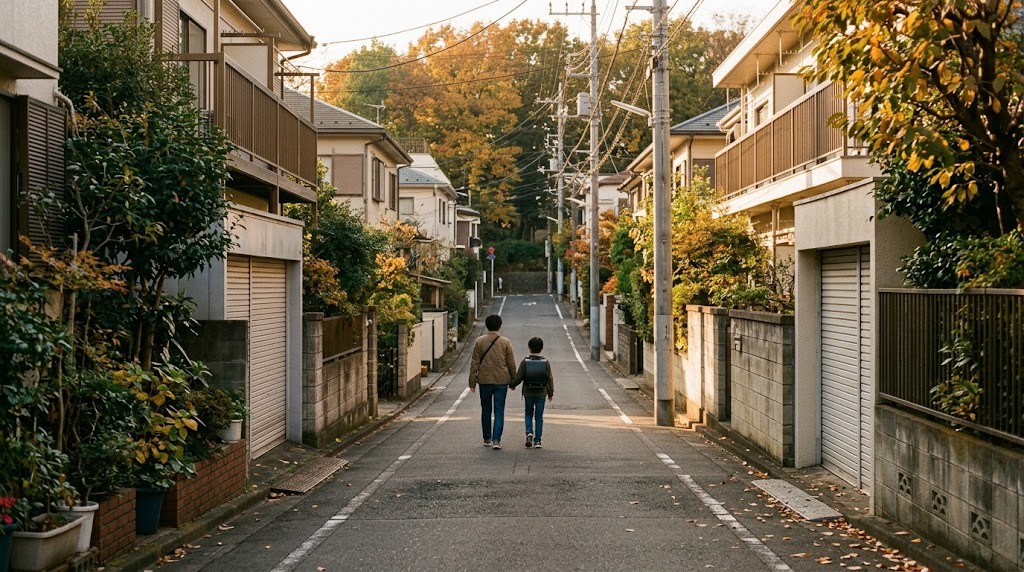港区・麻布の坂道を歩いてインターナショナルスクールの見学に向かう親子（イメージ）