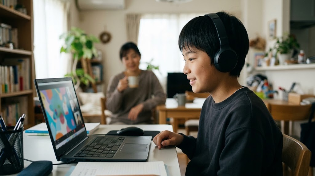 港区の自宅からオルタナティブスクールのオンライン授業に参加している中学生（イメージ）