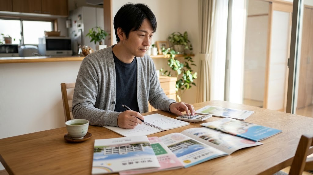 港区の私立小学校の学費や編入を、自宅で資料を見ながら比べる保護者（イメージ）