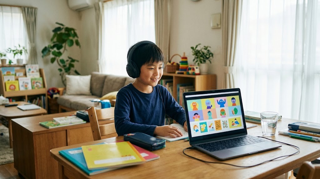不登校の小学生が自宅からオンラインのオルタナティブスクールに参加する様子（イメージ）