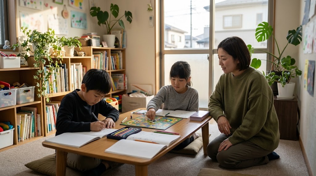 三鷹市のフリースクールで、子どもたちがスタッフと一緒に机で学んだりボードゲームをしたりしている場面（イメージ）