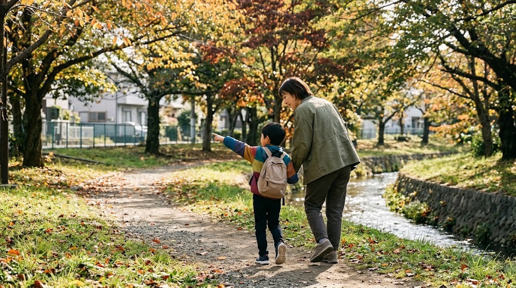 三鷹市で不登校の子どもと保護者が、野川沿いの公園の道を歩いてフリースクールの見学へ向かう場面（イメージ）