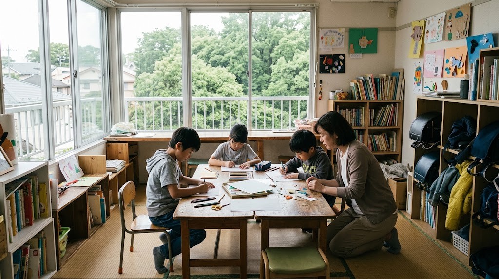 武蔵野市・吉祥寺のフリースクールで、小学生が机を囲んで工作や絵に取り組んでいる場面（イメージ）
