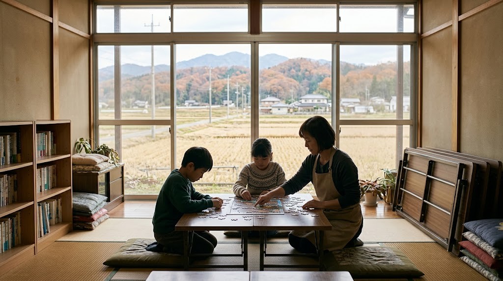 長岡市のフリースクールや居場所で、不登校の小学生がスタッフと一緒にパズルをして過ごしている場面（イメージ）